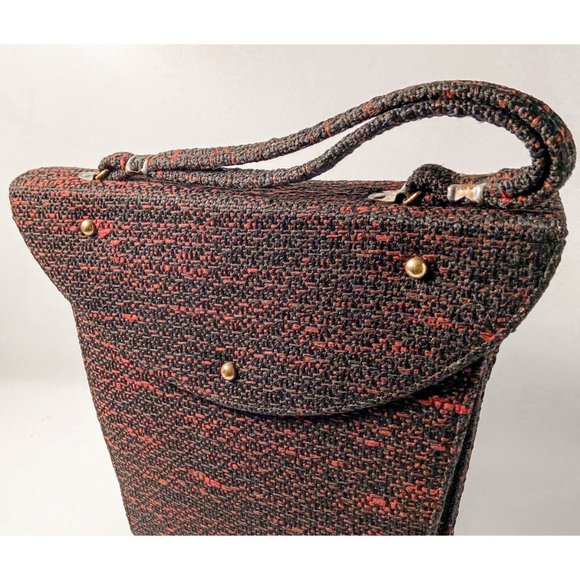 1960s Vintage Black Red Tweed Weave Medium Size Handbag Purse - Picture 8 of 14